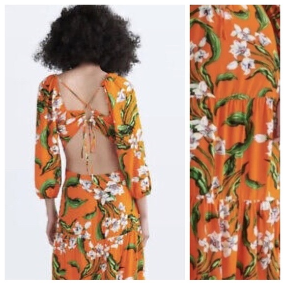 NWT. Zara Orange 100% Viscose Cut-Out Printed V-neck Midi Dress. Size S. - Picture 5 of 10
